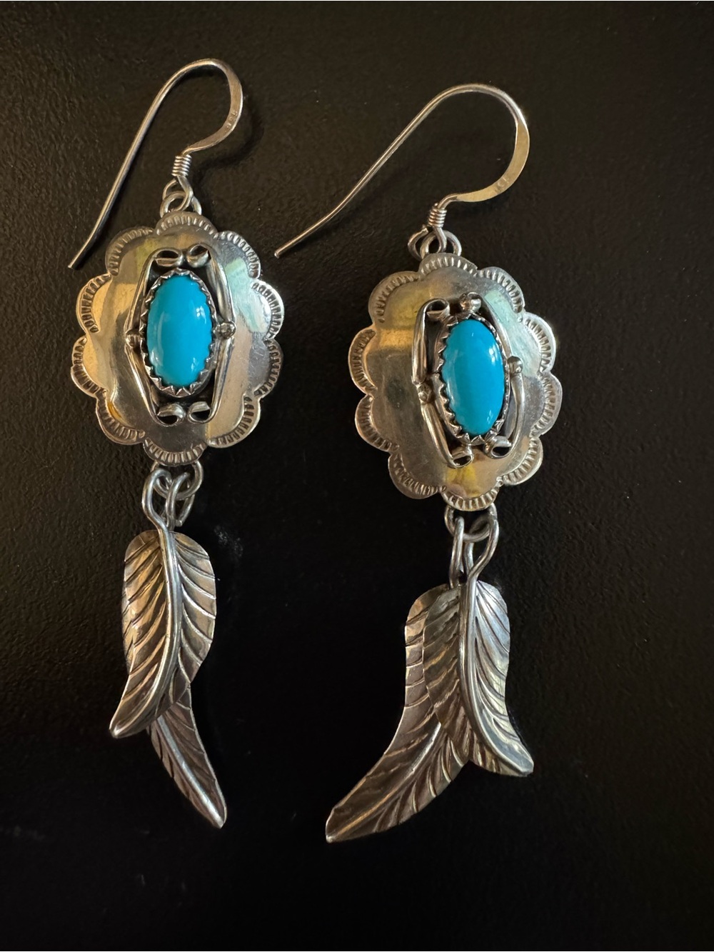 Sterling Silver Turquoise Concho Feather Dangle Earrings 2.75”